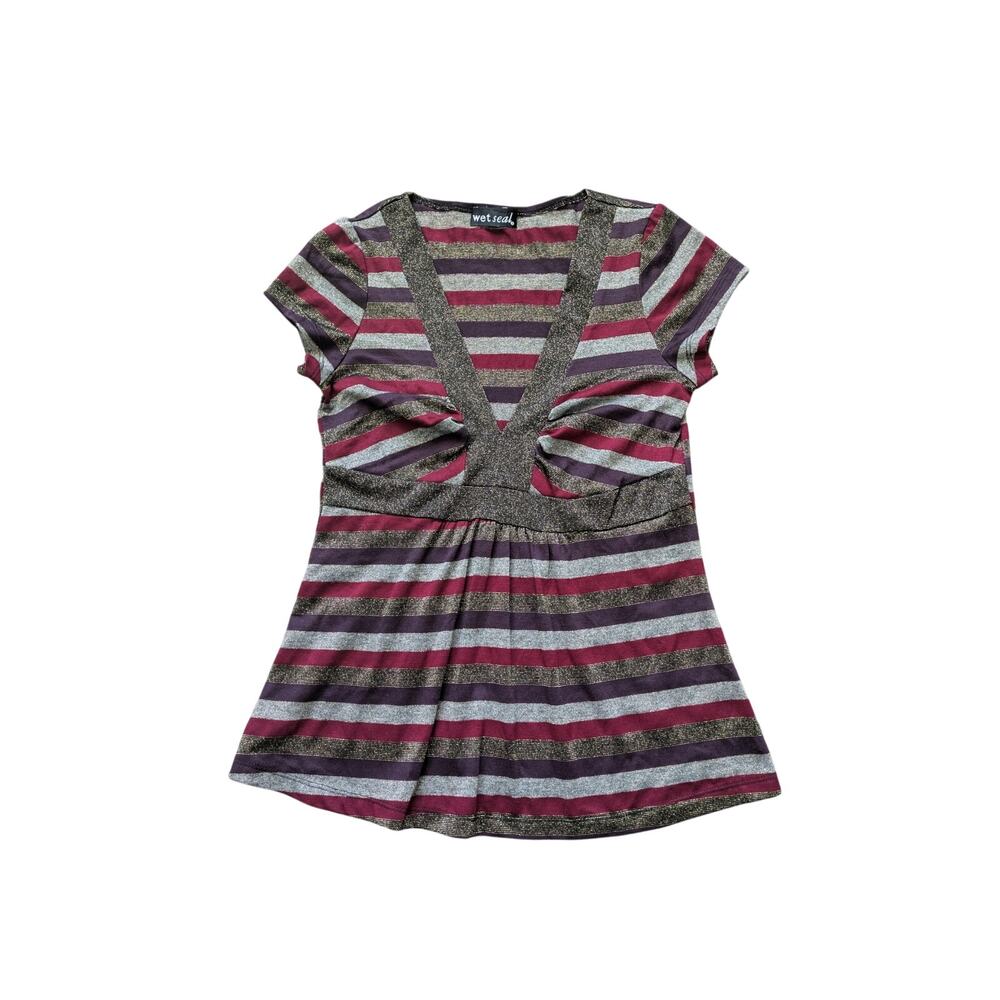 Y2K Wet Seal Babydoll Top Womens S Brown-Burgundy Striped Metallic Retro